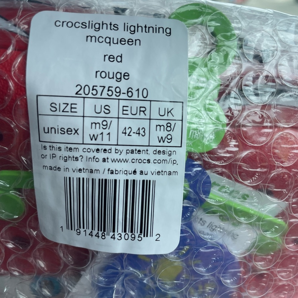 Lightning Mcqueen Crocs UNISEX          (Sizes M9/W11) & (M7/W9). Individually